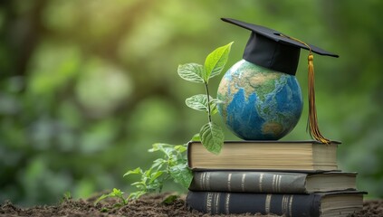 Globe with Graduation Cap on Stack of Books and Sprout