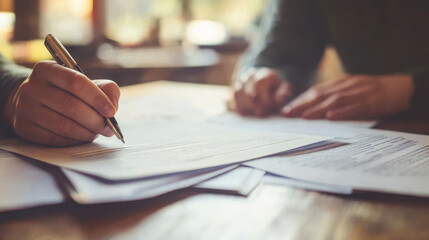 Close-up of hands signing formal documents on a wooden desk in warm natural light representing legal agreement contract business negotiation or startup documentation process.