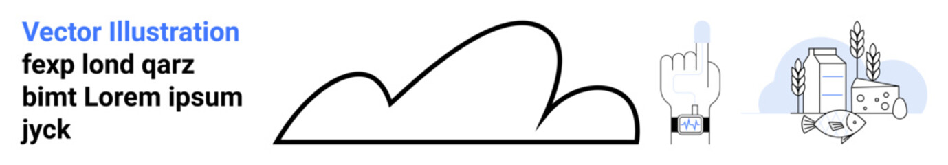 Outlined cloud design, hand wearing smartwatch interacting, and food items including wheat, milk, bread, and cheese. Ideal for technology, agriculture, food industry smart devices product