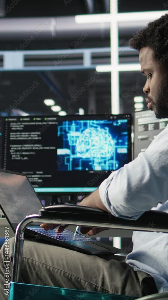 Poster vertical video data center computer scientist in wheelchair using ai node tree software to minimize 