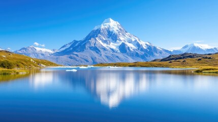 Naklejka premium Majestic mountain peak reflecting on serene alpine lake