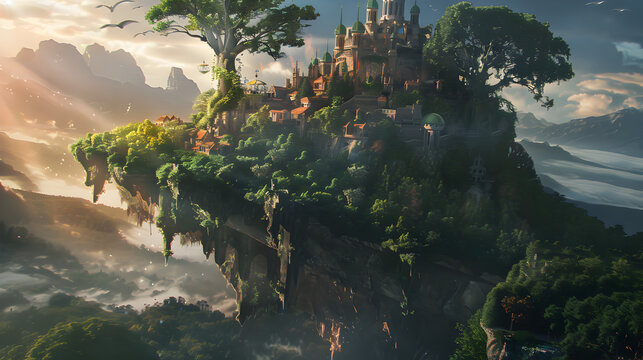 A fantasy landscape with a floating island castle and lush trees in a mountainous environment