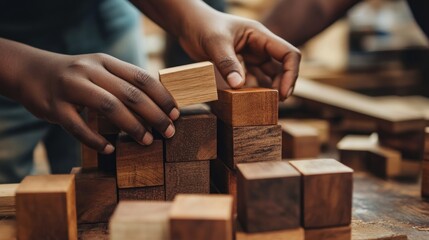 Hands constructing wooden block tower