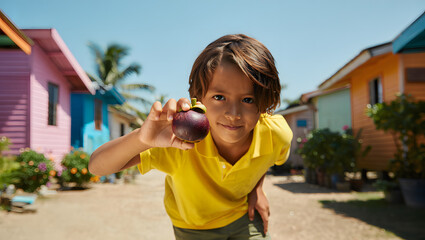 Fototapeta premium A smiling boy presents a fresh mangosteen in a vibrant tropical setting on a sunny day.