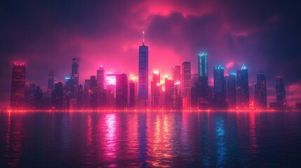 Neon city skyline reflected in water