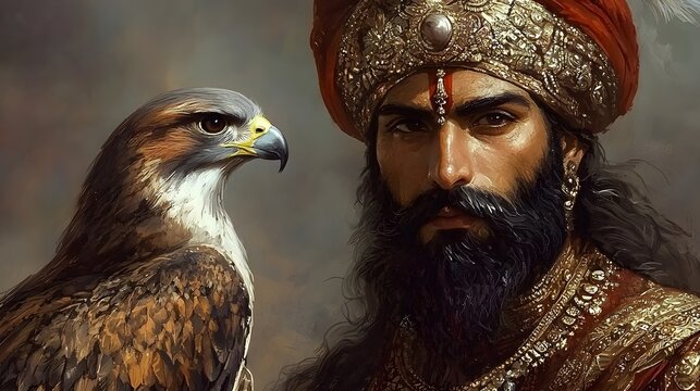 Majestic Sikh Guru Gobind Singh Ji Holding a Falcon Embodying Bravery and Leadership