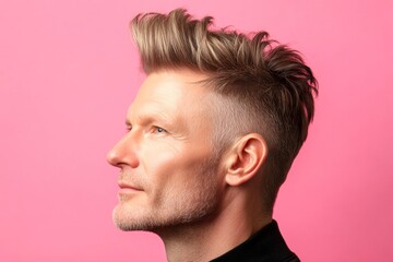 Fototapeta premium Conceptual art of style for aging men. Pink solid background. Elegant men's quiff haircut - midlife white man with blond hair. A studio shot capturing the essence of a modern man.