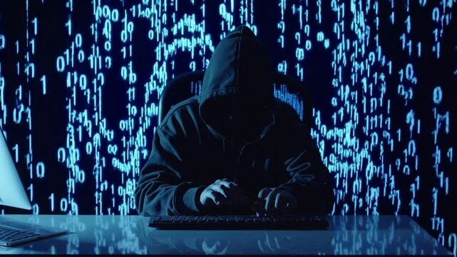 Shadowy hooded hacker sitting at a table in front of a digital wall filled with floating binary code, symbolizing cybercrime, data breach, anonymity, and the threat of digital security invasion