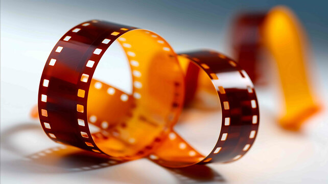 A photo of an old film strip with brown and orange frames on a white background The camera is in the middle with no images