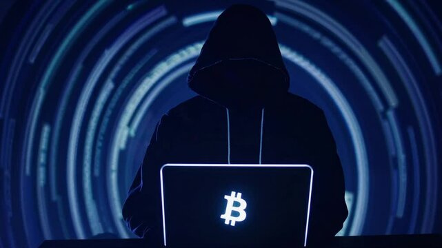 Anonymous hacker working on laptop displaying Bitcoin logo in dark room, bitcoin mining 
