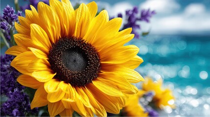 Fototapeta premium Vibrant Yellow Sunflower Closeup with Purple Lavender and Sparkling Blue Ocean Background Captivating Floral Nature Photography Summer Tranquil Scenic Beauty Image