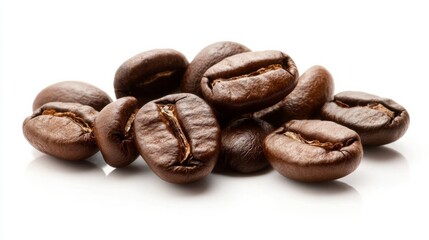 Naklejka premium Coffee beans scattered on a white background, minimal studio lighting generative ai