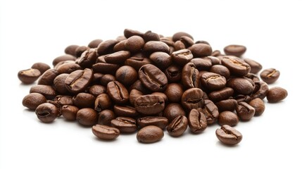 Fototapeta premium Coffee beans scattered on a white background, minimal studio lighting generative ai