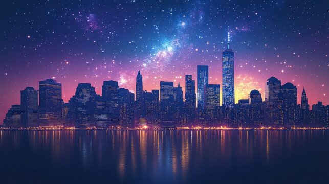 Night city skyline with starry sky - Powered by Adobe