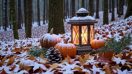 Autumn lantern glow with pumpkins in snowy forest clearing - Powered by Adobe