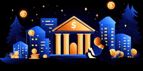 Obraz premium Night Cityscape Featuring Bank and Financial Prosperity