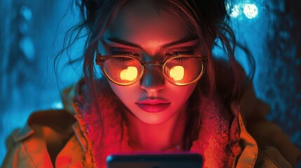 Captivating portrait of a woman illuminated by the warm glow of her device screen