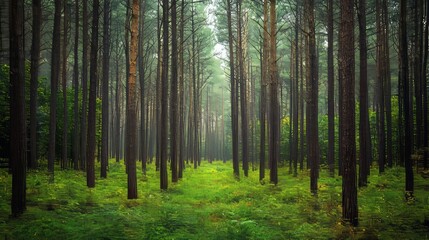 Fototapeta premium Lush Green Forest with Tall Trees and Sunlight Peeking Through Canopy