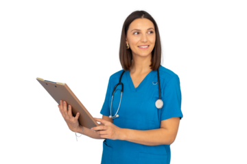 Medical worker in blue scrubs, clutching clipboard, smiling sideways against transparent backdrop