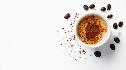 coffee cup and ground coffee beans isolated on white background generative ai