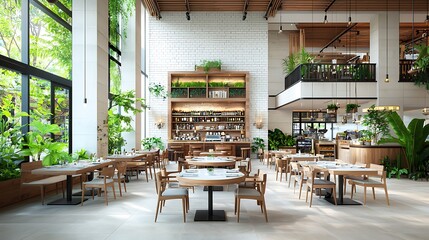 Modern, bright restaurant with plants and high ceilings