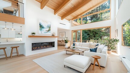 Modern, bright, spacious great room with fireplace and soaring ceilings