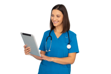 Female doctor wearing blue scrubs and stethoscope using digital tablet with transparent background