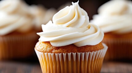 Vanilla cupcakes with creamy frosting. Close-up view of delicious treats