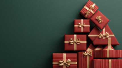 Fototapeta premium Christmas tree made of red gift boxes with golden ribbons