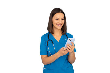 Happy female doctor wearing blue scrubs and stethoscope using smartphone, isolated on transparent background