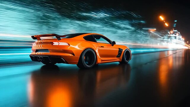Orange sports car speeding through night city streets