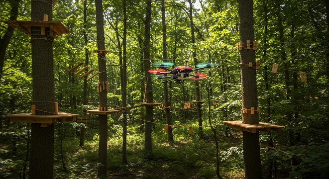 Forest adventure park structures in a woodland setting