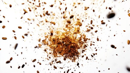 Coffee explosion with flying beans, isolated on white, generative ai