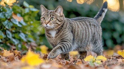 Striped Cat Walking on Autumn Leaves