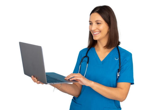 Female doctor in blue scrubs smiling while using a laptop, on a transparent background - Powered by Adobe