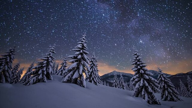Starry night sky over snow-covered trees in winter landscape  