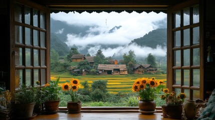 Fototapeta premium Mountain Village View from a Rustic Window