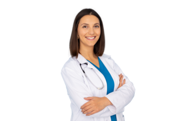 Confident female doctor smiling with arms crossed wearing lab coat and stethoscope on transparent background
