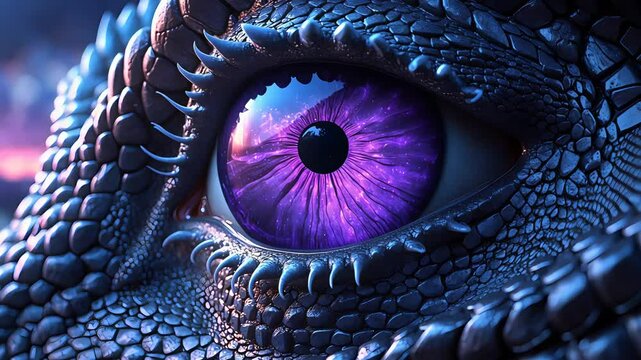 Closeup of dragon&rsquo;s purple eye with textured scales and glowing magical detail