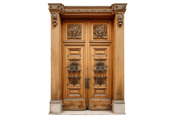 Ornate Wooden Double Door With Intricate Carvings And Metal Accents isolated on transparent background 