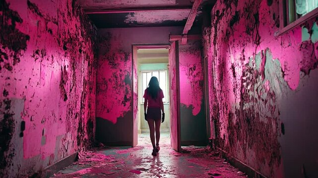 A figure walking through a dilapidated hallway with vibrant pink lighting and peeling walls