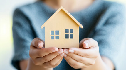 First time homebuyer holding model house symbolizing new beginnings and ownership