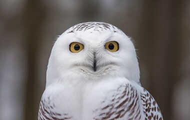 Fototapeta premium A close-up shot of a snowy owl with its eyes wide open and looking directly at the camera