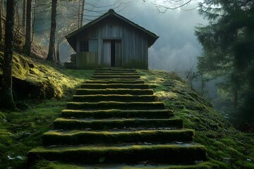 The green moss and sunshine on the steps of the wooden house