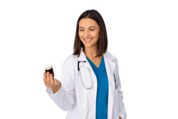 Professional female physician in white lab coat, examining medicine bottle with warm smile, isolated background