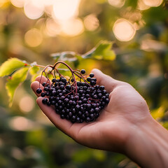 Close-up of a hand gently holding wild elderberries in soft sunlight symbolizing foraging and nature