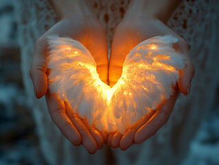 gently holding glowing white feather wings