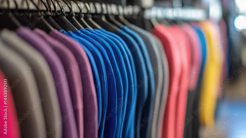 Poster A rack of colorful shirts displayed in a clothing store for customers to browse and purchase