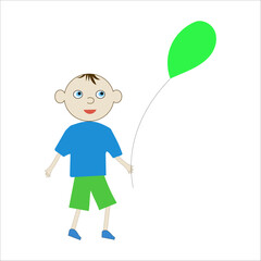 Boy holding balloon. Green floating shape. Child cartoon figure. Vector party moment.