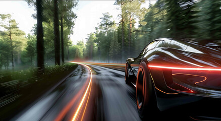 Rear side view A car is traveling at a speed of 120 kmh along a road in the forest